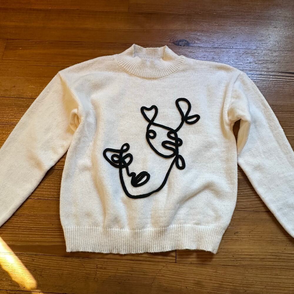 Shein white‎ mock neck back Picasso design sweater SIZE S
